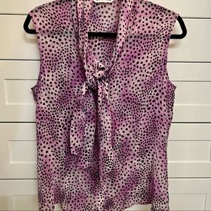 St John Silk Blouse Tie Neck Pink Purple Black. Fits a medium sized person